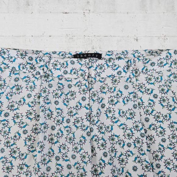 Theory White Blue Floral Silk Mid Rise Tapered Boho Whimsy Pants Trousers Size 0 - Picture 5 of 11
